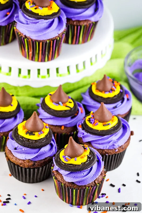 Halloween Treat: Witch Hat Cupcakes - Detail Close-up of three beautifully decorated Witch Hat Cupcakes