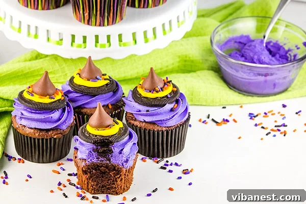Halloween Treat: Witch Hat Cupcakes - Assembly Guide Step-by-step assembly of Witch Hat Cupcakes, showing Oreo and Hershey Kiss placement