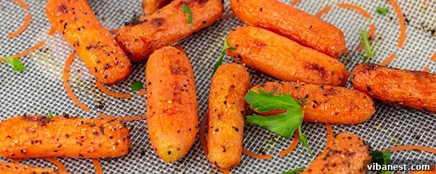 oven-roasted-baby-carrots-1.jpg A large pile of freshly roasted baby carrots, still warm, on a cutting board.
