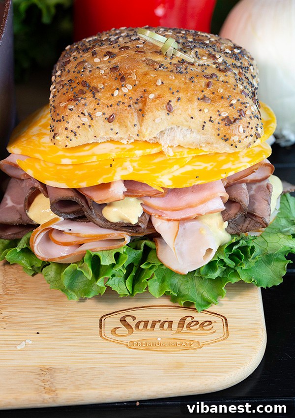 Triple Meat Sub Sandwich Close-up of The Touchdown sub sandwich with turkey, ham, and roast beef