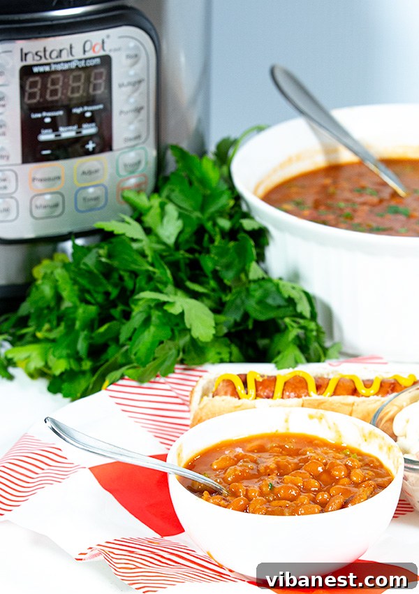 Finished Instant Pot baked beans in a serving dish