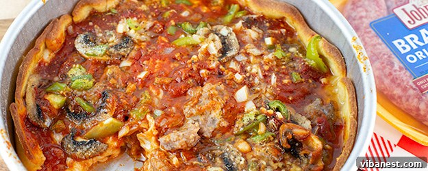 Chicago-Style Deep-Dish Brat Pizza with golden crust and melted cheese