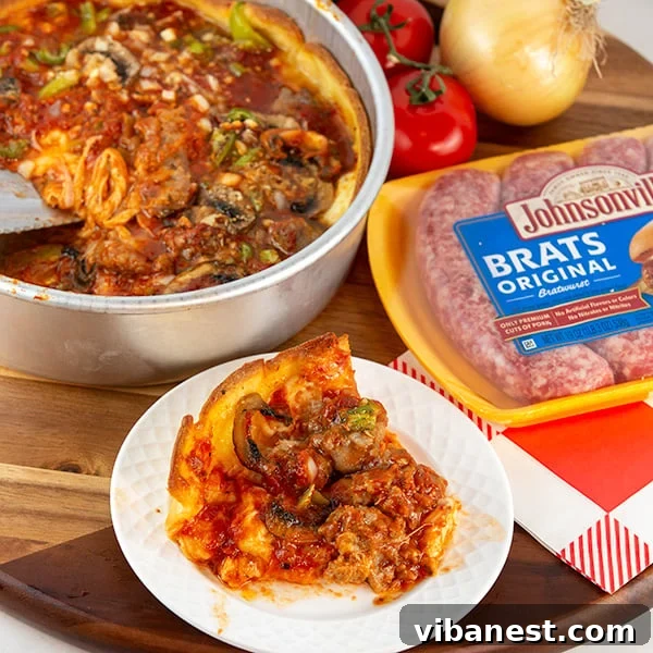 Finished Chicago-Style Deep-Dish Brat Pizza, sliced and ready to eat