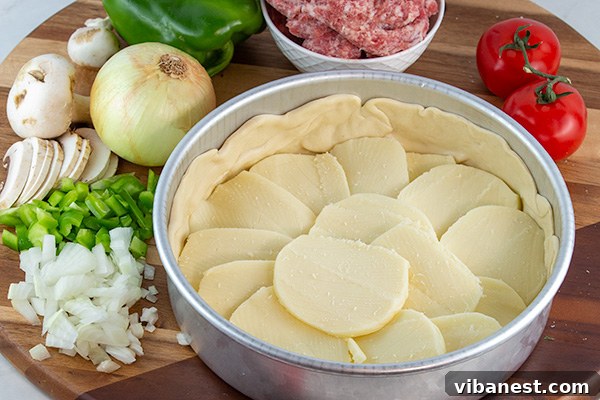 Sliced mozzarella cheese covering pizza dough in a deep-dish pan