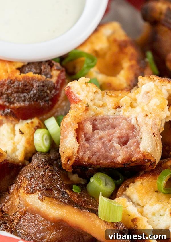 air-fryer-bacon-wrapped-kielbasa-bites-5.jpg Serving suggestion for Air Fryer Bacon Wrapped Kielbasa Bites on a wooden board