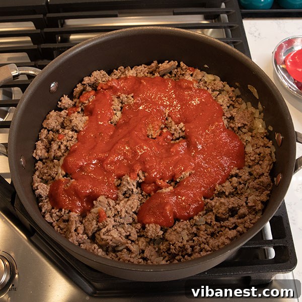 Adding Sauce to Pizza Casserole Mixture Sauce being added to meat mixture in skillet