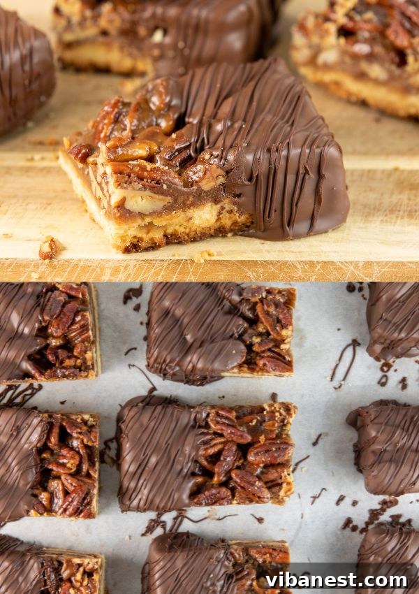 Chocolate-Dipped-Pecan-Pie-Bars-Delicious-Treats.jpg Irresistible Chocolate Dipped Pecan Pie Bars on a serving platter, showcasing their golden crust and chocolate coating