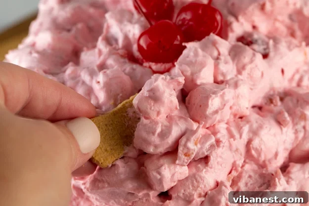 easy-cherry-fluff-salad-2.jpg A close-up of easy cherry fluff salad in a bowl, showcasing its texture.