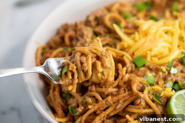 one-pot-taco-spaghetti-3.jpg close-up of one pot taco spaghetti in skillet