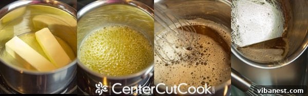 Brown butter cooling in a bowl Cooling browned butter in a mixing bowl, ready for sugar and egg incorporation