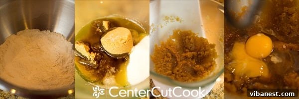 Mixing wet ingredients for cookies Wet ingredients (brown butter, sugars, eggs, vanilla) mixed together in a bowl