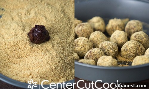 Coating S'mores Truffles with Graham Crumbs S'mores Truffles being coated in graham cracker crumbs