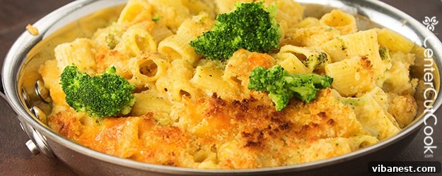 Golden brown and bubbly Creamy Four Cheese Rigatoni fresh out of the oven