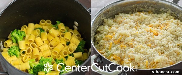 Cooked rigatoni and broccoli ready to be mixed into cheese sauce