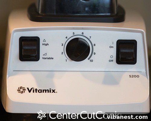 Vitamix 5200 Control Panel Overview Close-up of the Vitamix 5200 control panel, illustrating its simple and effective variable speed dial and power switches.