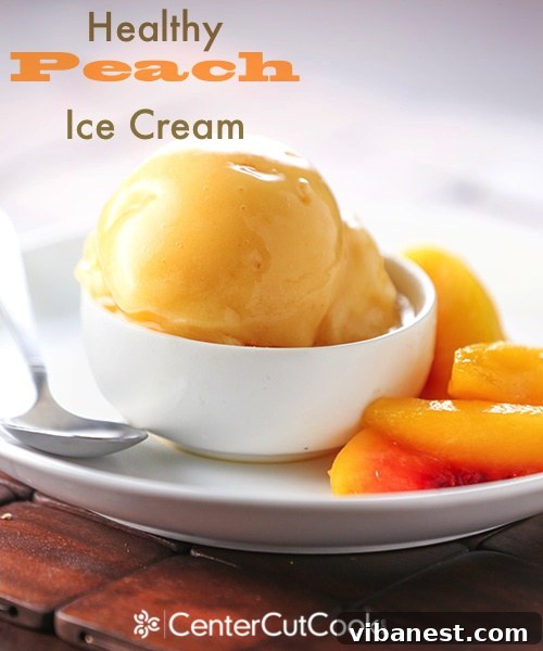Vitamix Healthy Peach Ice Cream Texture Close-up of creamy, homemade peach ice cream, showcasing its smooth texture.
