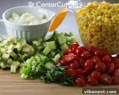 Corn Salad close up Close-up of Fresh Corn Salad with cherry tomatoes and basil