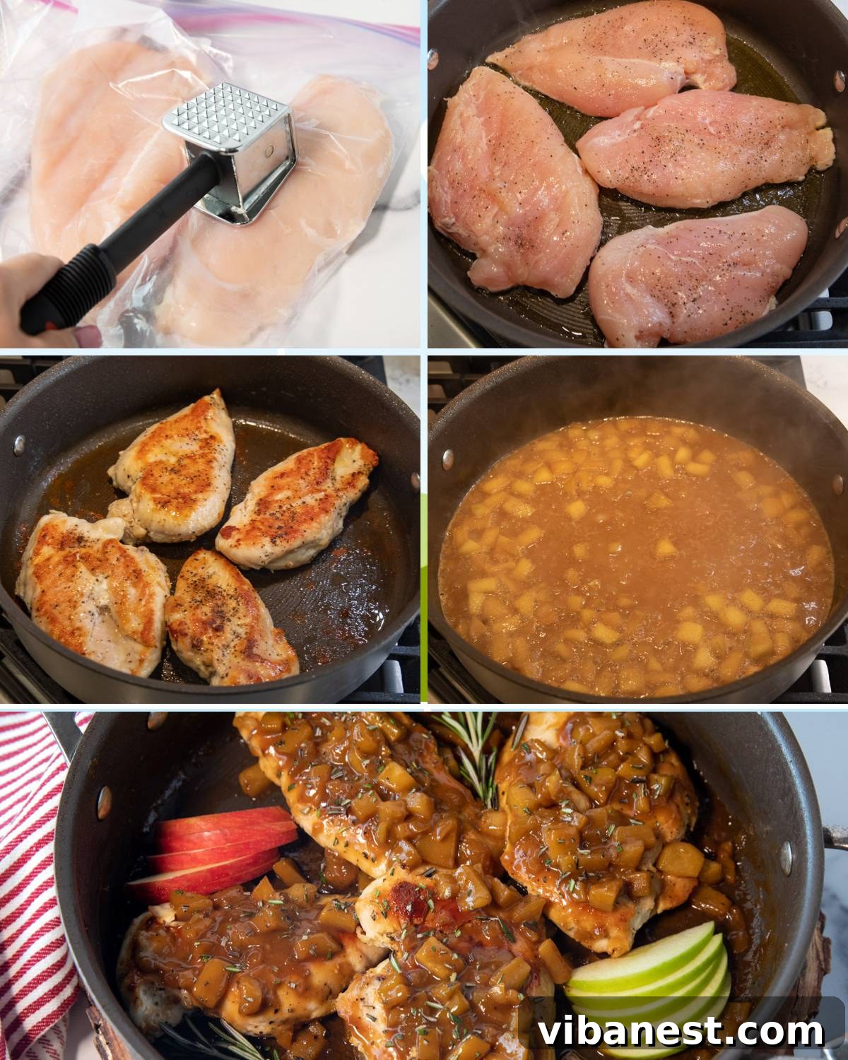 Harvest Skillet Chicken with Apple Cider Glaze 3 A step-by-step visual guide demonstrating the preparation of one-pan chicken with apple cider sauce, showing ingredients, cooking stages, and the final saucy chicken in a skillet, emphasizing ease of preparation.