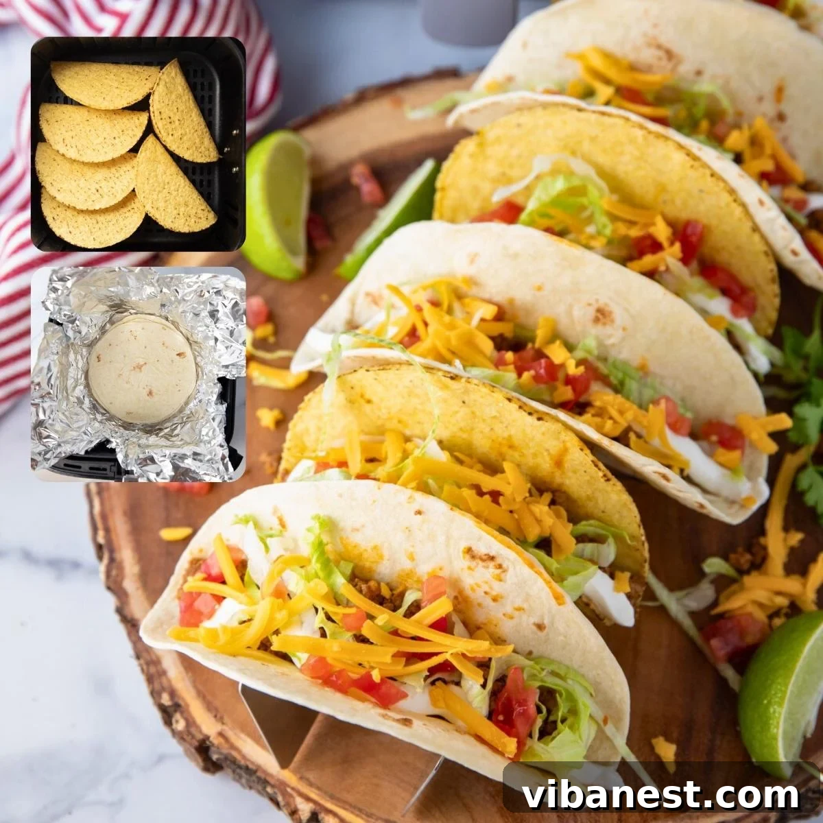 Air Fryer Taco Shells Perfectly Crispy 2 taco shells in the air fryer, flour tortillas, corn tortillas, and hard taco shells