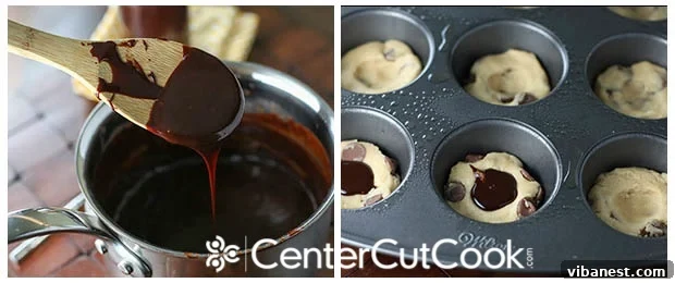 chocolate chip lava cookies 4.jpg Cookie dough pressed into a muffin tin, ready for fudge filling