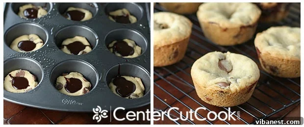 chocolate chip lava cookies 5.jpg Hot fudge being piped into cookie dough in a muffin tin