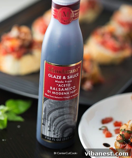 Shrimp Bruschetta with Balsamic Glaze Finished grilled shrimp bruschetta drizzled with Mandarano's Balsamic Glaze