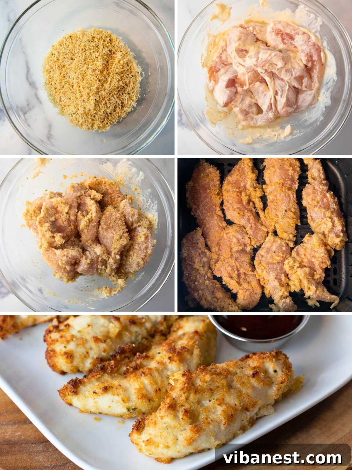 Crispy 8 Minute Air Fryer Parmesan Chicken 3 A step-by-step visual guide demonstrating how to prepare Air Fryer Parmesan Crusted Chicken, from coating to air frying, showcasing the simple process.