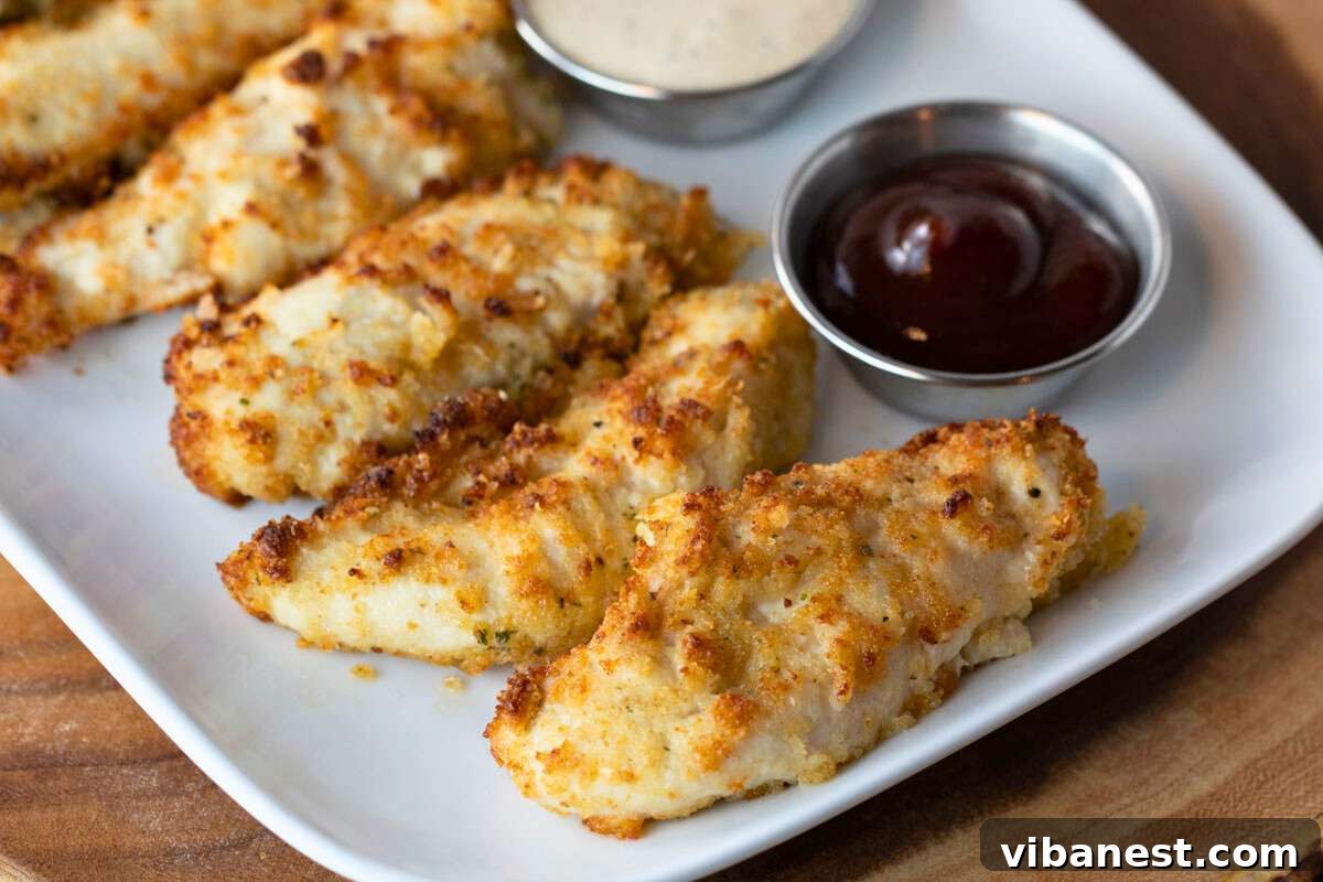 Crispy 8 Minute Air Fryer Parmesan Chicken 4 A close-up of Air Fryer Parmesan Crusted Chicken, golden and crispy, served with a small bowl of dipping sauce on a white plate.
