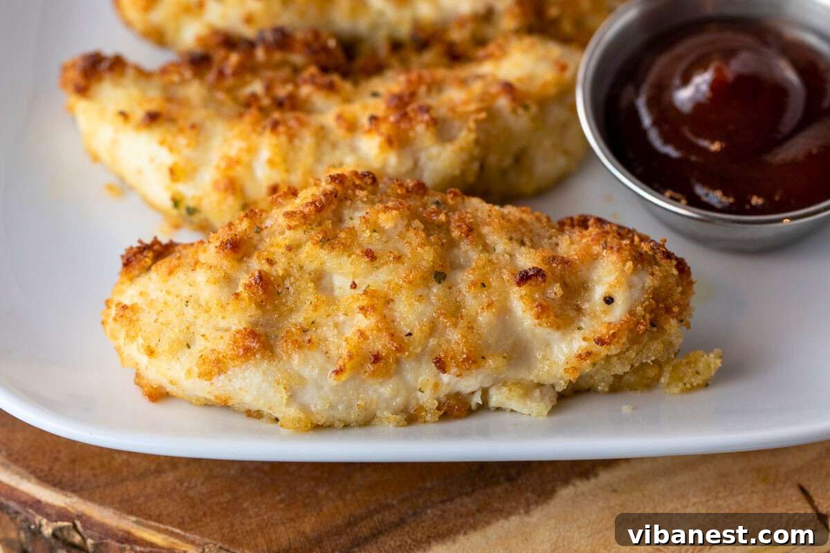 Crispy 8 Minute Air Fryer Parmesan Chicken 5 A plate featuring two pieces of Air Fryer Parmesan Crusted Chicken, golden brown and crispy, accompanied by a small ramekin of dipping sauce.