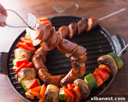 chicken sausage kabobs 7.jpg Chicken sausage kabobs with peppers and onions on Fire Wire skewers