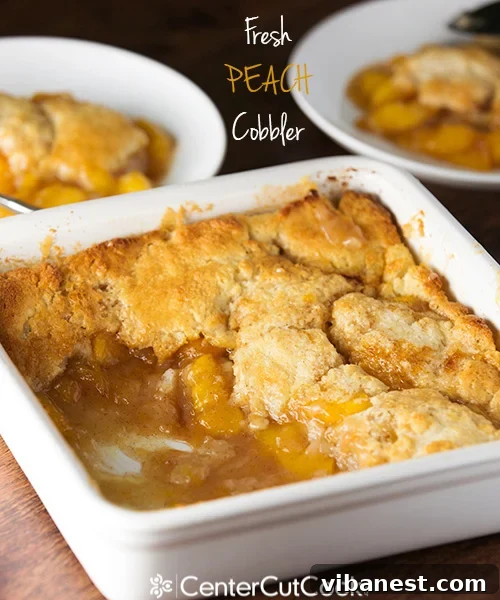 fresh peach cobbler 7.jpg Close-up of baked fresh peach cobbler, showing its bubbly peach filling and golden-brown, textured crust.