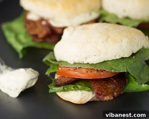 BLT Biscuit Cross Section A single BLT Biscuit, cut in half to show the juicy tomato, crisp lettuce, and bacon, with pesto mayo generously spread.