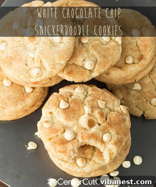 Single White Chocolate Chip Snickerdoodle Cookie A close-up shot of a single White Chocolate Chip Snickerdoodle Cookie, highlighting its soft interior and gooey white chocolate
