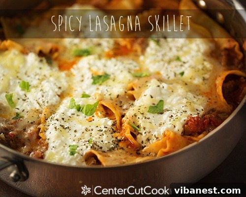 Cheesy Skillet Lasagna Top Close-up of the gooey, melted cheese on top of the Spicy Skillet Lasagna.