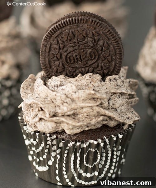 Decorated Oreo Cupcake Close-up of a perfectly frosted Chocolate Oreo Cupcake, ready for garnish.