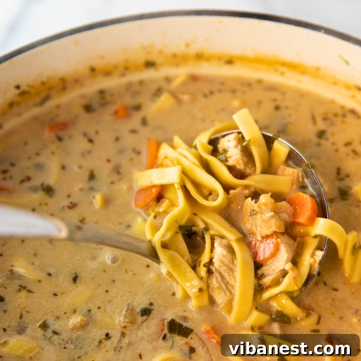Comforting Creamy Chicken Noodle Soup 5 A hearty pot of creamy chicken noodle soup, with a ladle resting invitingly inside, ready to be served.
