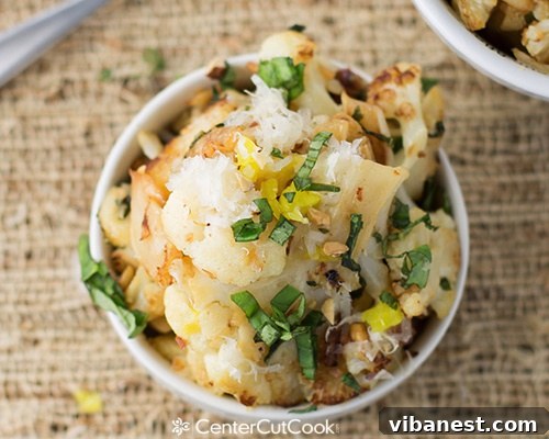 Close-up of perfectly browned roasted cauliflower florets