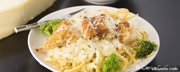 Parmesan Crusted Chicken Alfredo final plating. Beautifully plated Parmesan Crusted Chicken Alfredo, showcasing the golden chicken and rich pasta, ready for dinner.