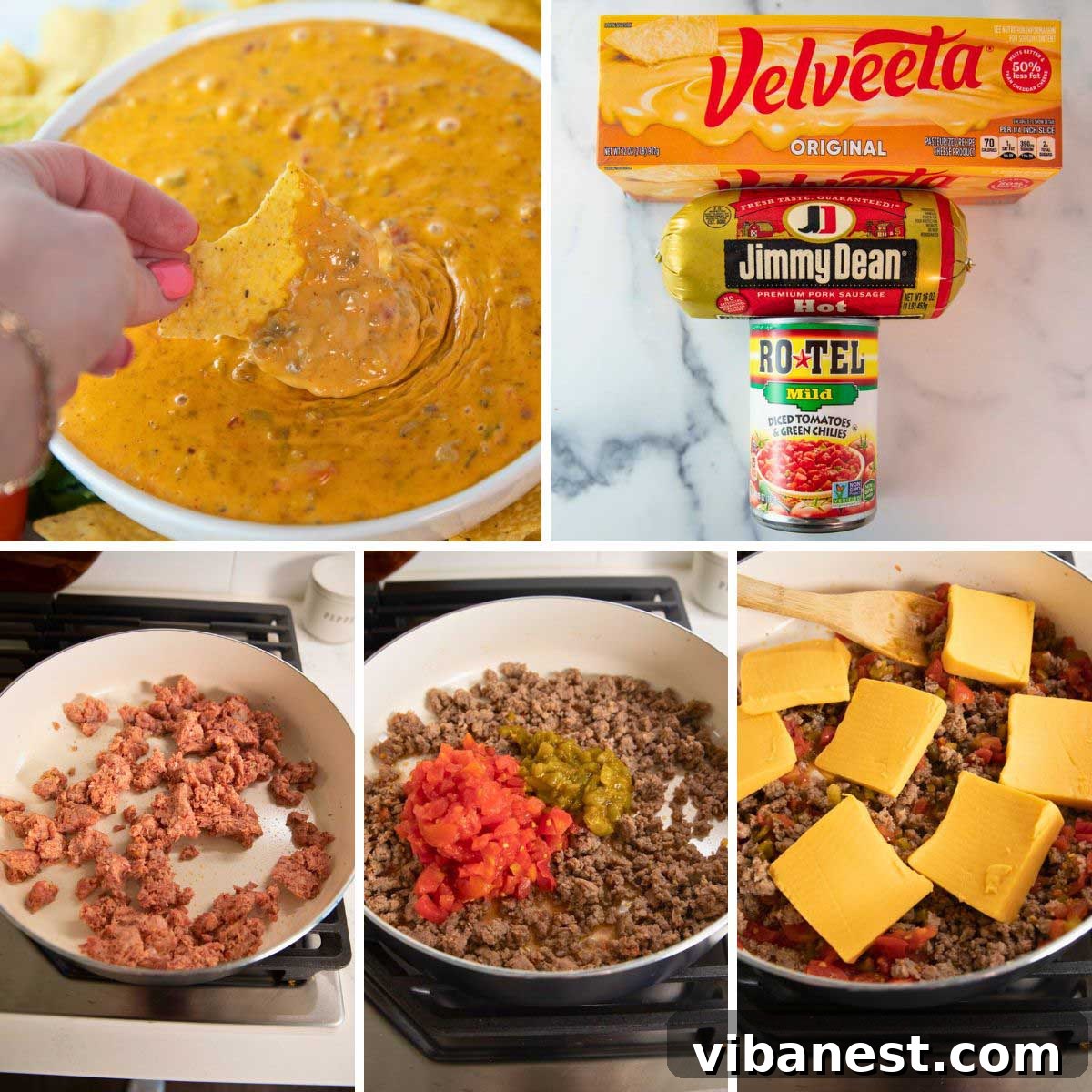 Crowd-Pleasing Rotel Sausage Dip 3 Three step-by-step images showing how to make Rotel dip: ingredients laid out, ground sausage cooking in a skillet, and Velveeta cheese melting into the cooked sausage and Rotel.