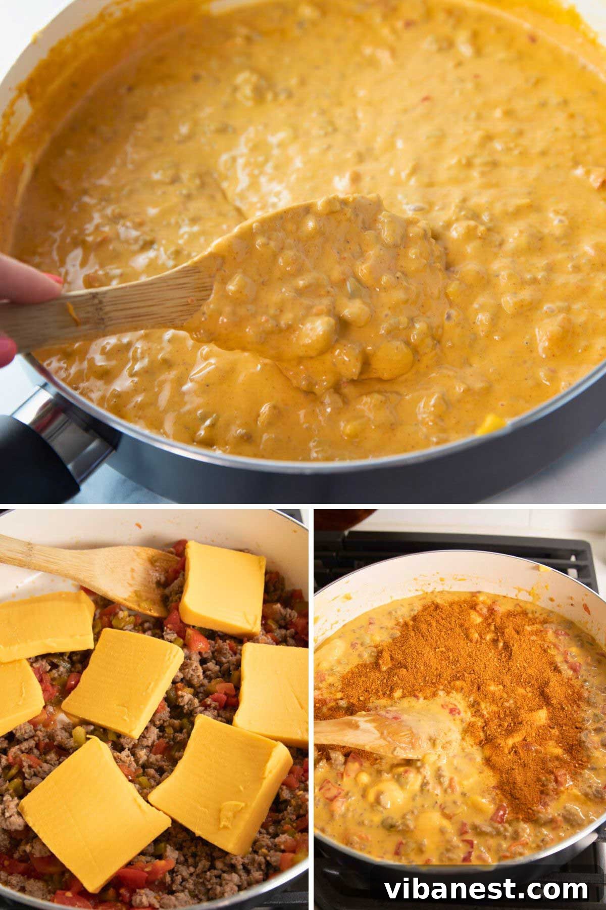 Crowd-Pleasing Rotel Sausage Dip 5 Close-up of a rich, golden queso dip with Velveeta and sausage, ready to be served in a rustic bowl.