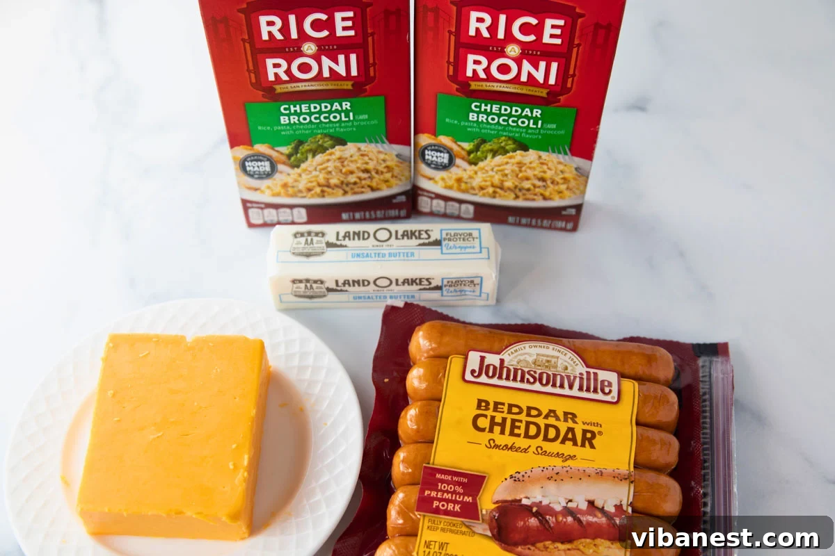 Hearty Cheesy Sausage and Rice Skillet 3 cheesy sausage and rice skillet ingredients