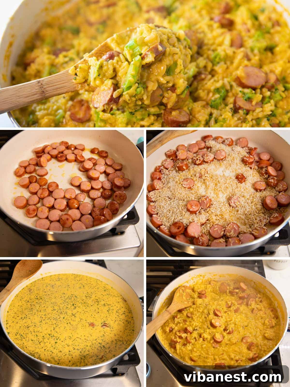 Hearty Cheesy Sausage and Rice Skillet 4 steps showing how to make cheesy sausage and rice skillet