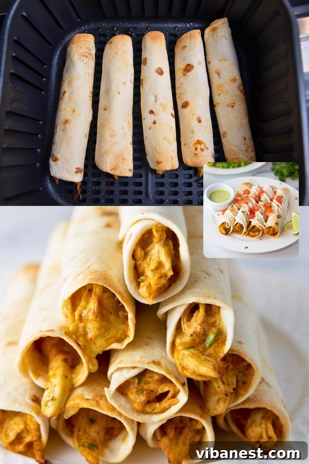 Crispy Air Fryer Chicken Taquitos 4 Chicken taquitos arranged in an air fryer basket, perfectly spaced and ready for cooking