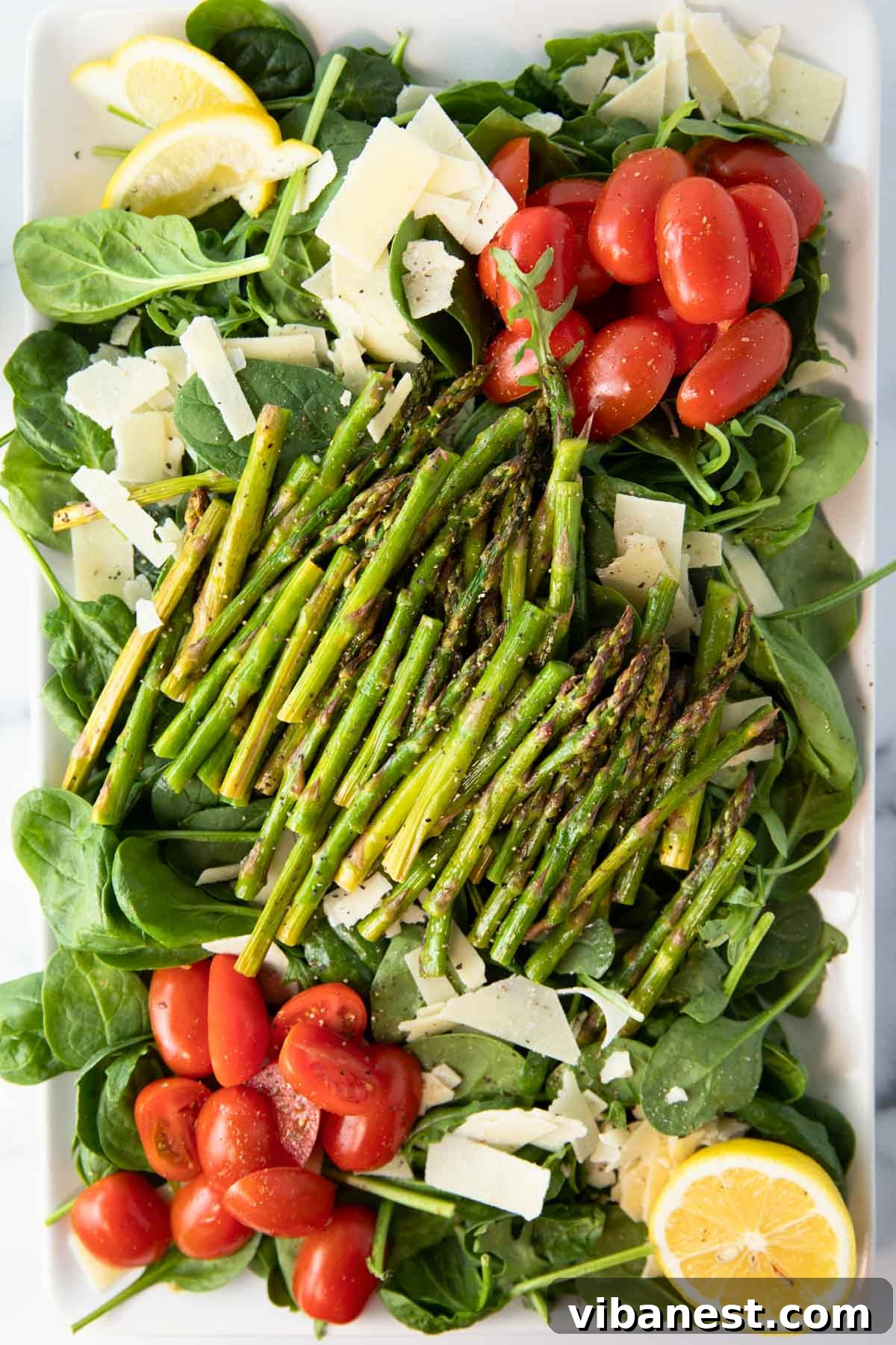Smoky Grilled Asparagus Salad 4 An overhead shot of a beautifully presented grilled asparagus salad, showcasing the fresh ingredients and vibrant colors.