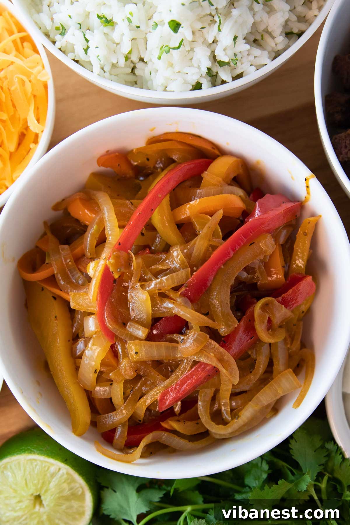 Sizzling Fajita Vegetables 6 overhead of bowl of fajita veggies