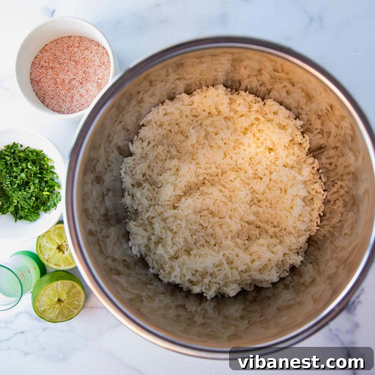Zesty Instant Pot Cilantro Lime Rice 3 Overhead view of all the fresh ingredients needed for Instant Pot Cilantro Lime Rice, including rice, fresh cilantro, and limes.