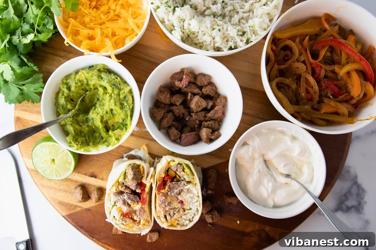 Simple Steak Burrito Delight 3 Overhead shot of individual bowls holding all the delicious ingredients for easy steak burritos, ready for assembly.