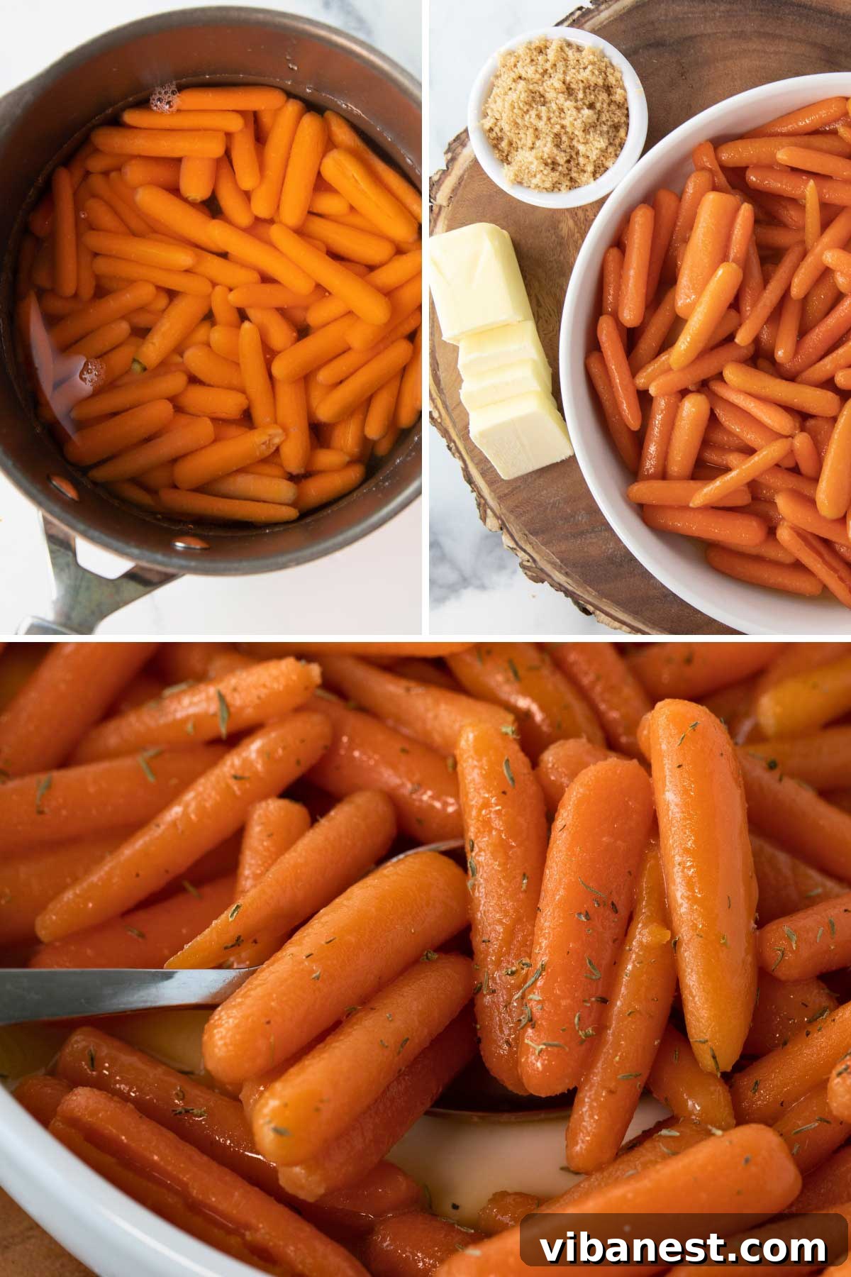 Glistening Brown Sugar Baby Carrots 3 Stages of making brown sugar glazed carrots: raw carrots in water, then with butter and brown sugar added.