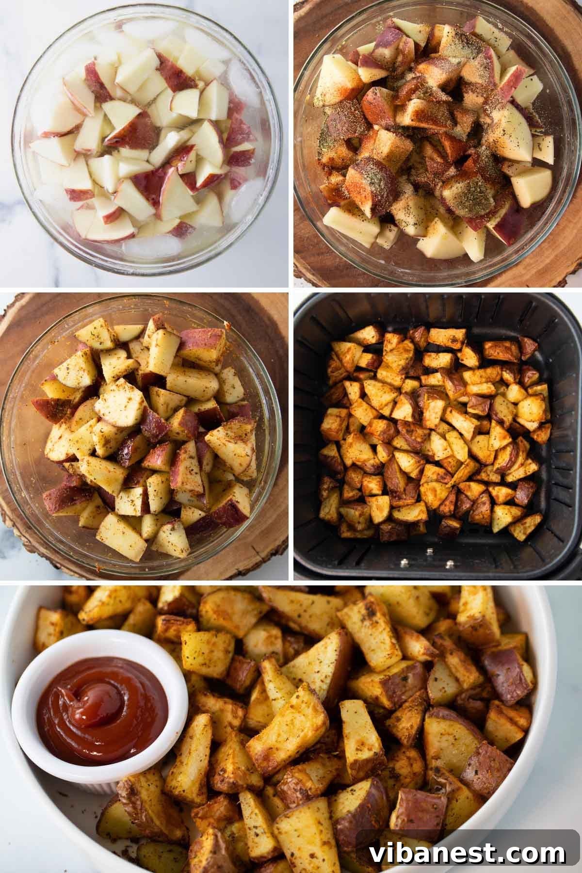 Crispy Air Fryer Red Potatoes 3 Collage of step-by-step photos illustrating how to prepare and air fry red potatoes for a perfect side dish.