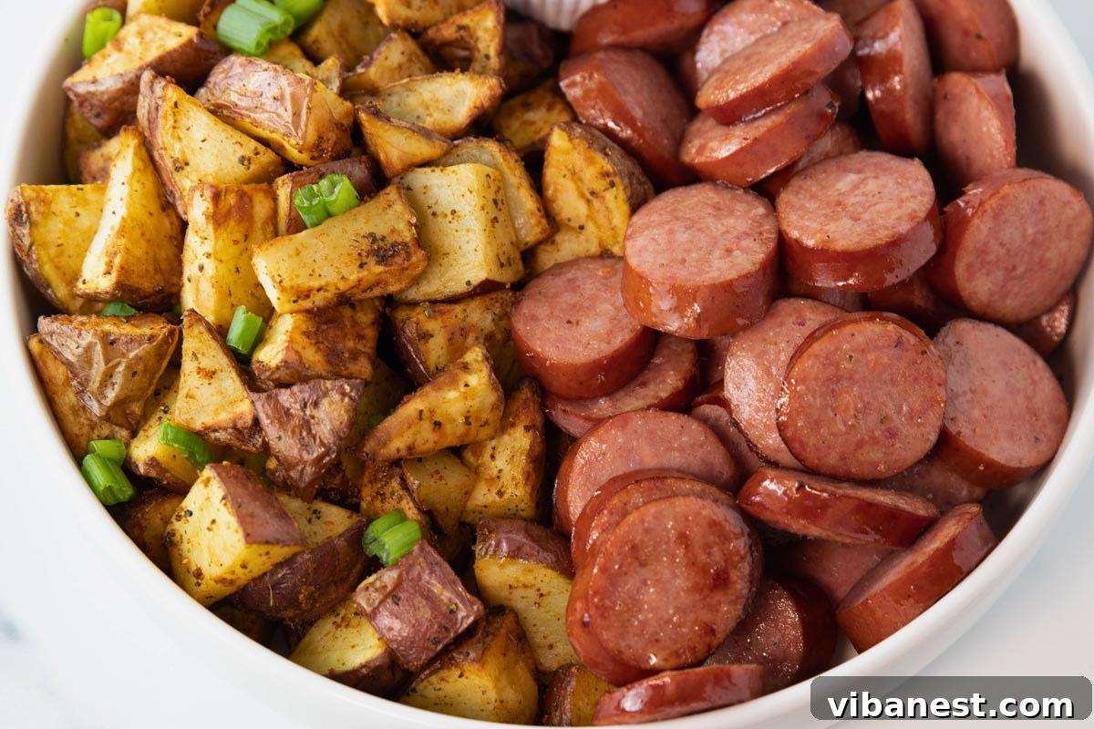 Perfect Air Fryer Kielbasa 4 bowl of air fryer kielbasa and potatoes